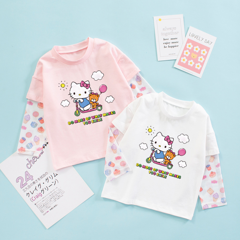 Girls' Sun-Protective Two-In-One T-Shirt, Summer Cat-Themed Clothing, Stylish Children's Ice Silk Long-Sleeve Top, Thin Summer Outfit with Cat Design Girls' Sun-Protective Two-In-One T-Shirt, Summer Cat-Themed Clothing, Stylish Children's Ice Silk Long-Sleeve Top, Thin Summer Outfit with Cat Design