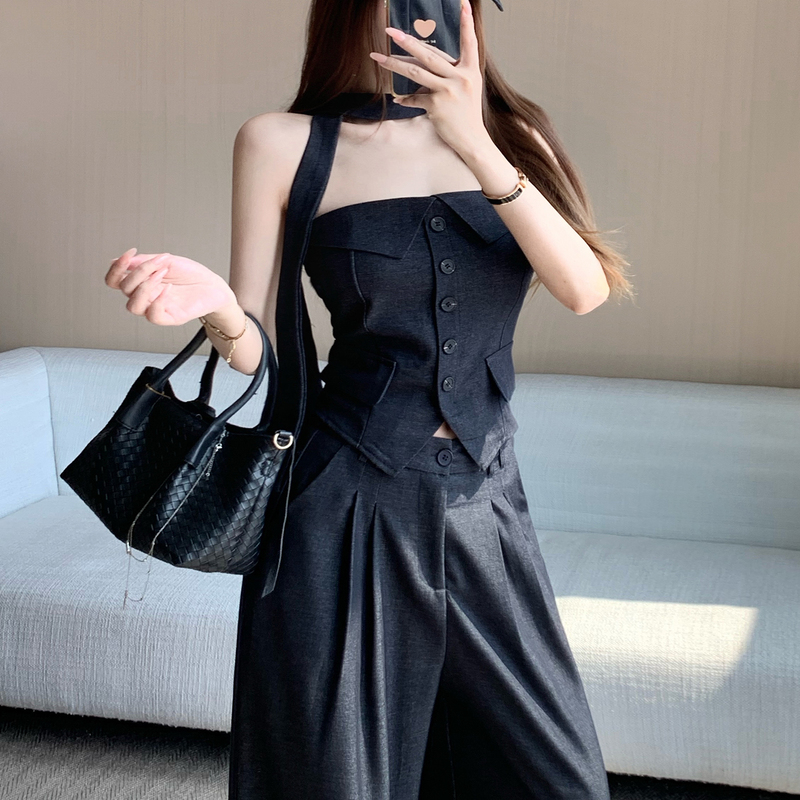 Retro Tencel Denim Fashion Suit for Women, Summer Thin Tube Top, High-Waisted Casual Wide-Leg Pants Two-Piece Set Retro Tencel Denim Fashion Suit for Women, Summer Thin Tube Top, High-Waisted Casual Wide-Leg Pants Two-Piece Set