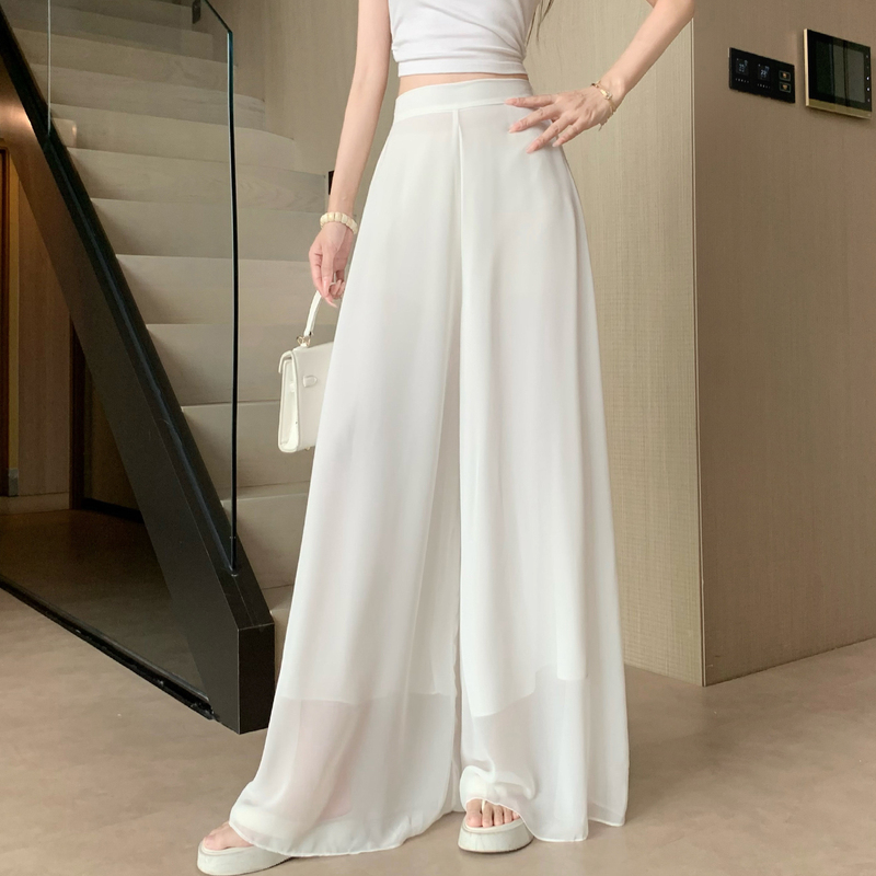 White Ice Silk Wide-Leg Pants for Women, Summer Thin High-Waisted Drapey Loose Chiffon Skirt Pants, Casual Floor-Length Pants