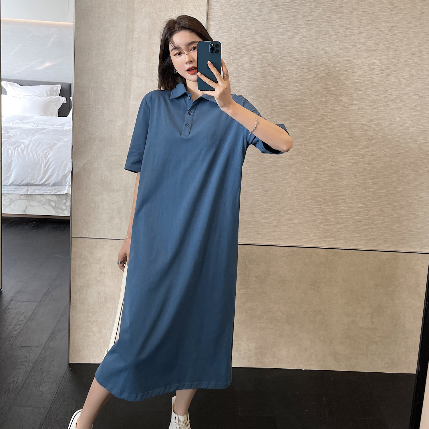 2022 Pregnancy Women's Clothing Spring Summer Han Edition New Loose Large Size Mid of Knee Polo Flip Collar Short Sleeve Foreign Dress