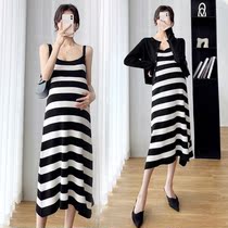 2022 Spring Dress New Internet Red Temperamental Pregnant Woman Suit Black Striped Knit Harnesses One-piece Dress Code Two Sets