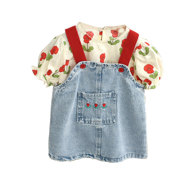 Girls' suit summer short-sleeved 2023 new style spring and summer baby suspender skirt two-piece set fried street baby clothes