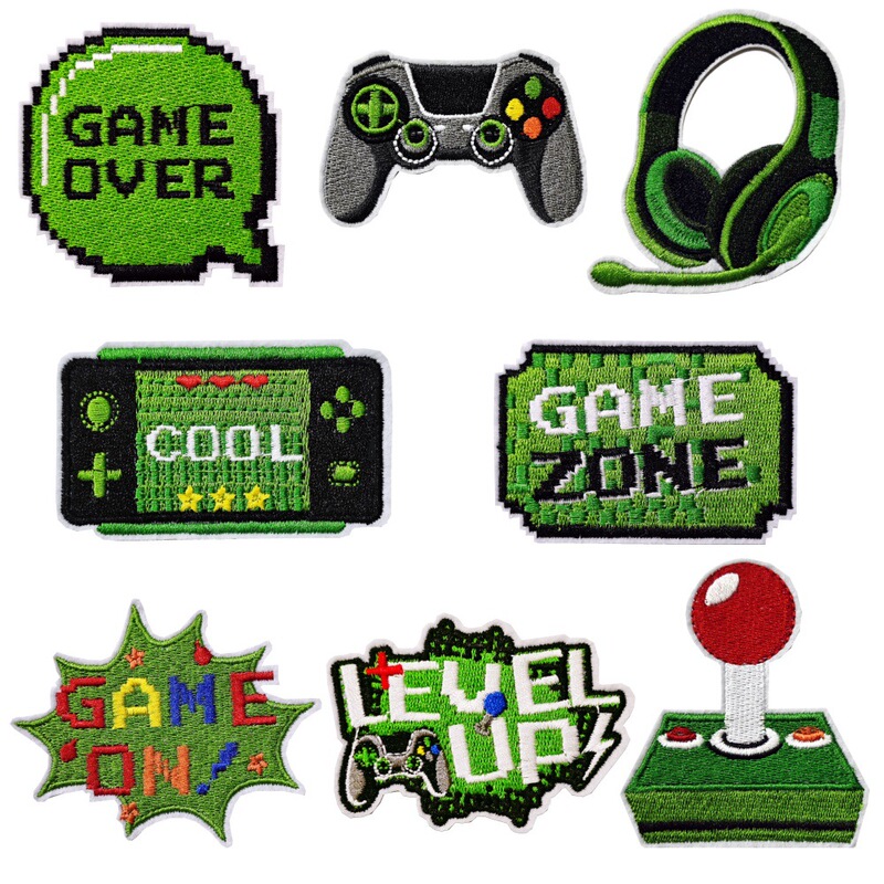 Green Game-Themed Game Console Headphones Game over English Iron-On Patch Clothing Patch Hat Bag Decoration