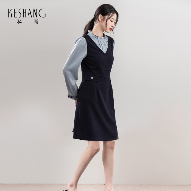 Keshang fake two-piece dress, temperament and fashionable vest dress, long-sleeved waist, slimming A-line skirt 2024 spring new style