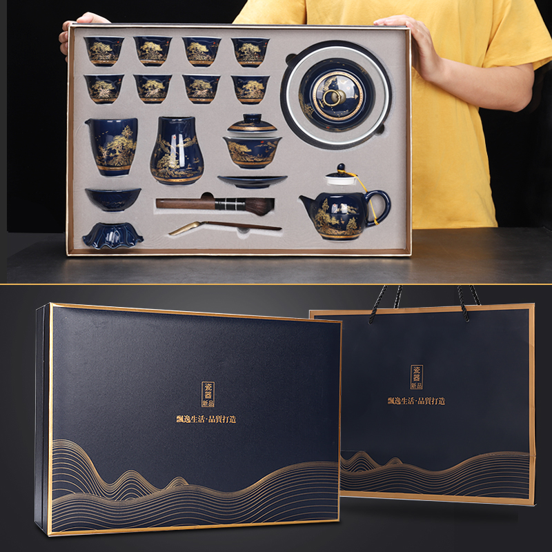 Hidden SAN ji blue glaze ceramic tea set home a whole set of kung fu tea set the see colour of blue and white porcelain teapot teacup tureen