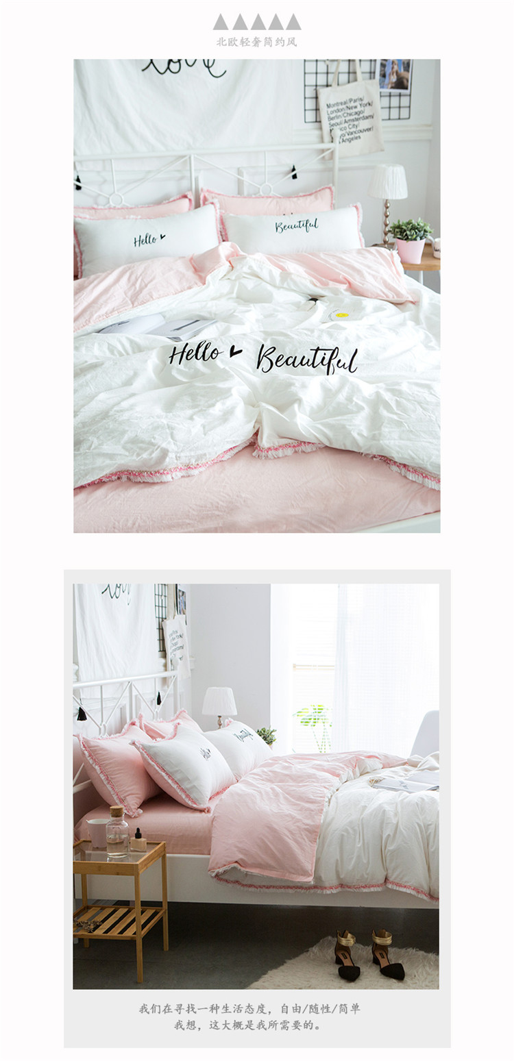 ins ròng trái tim màu đỏ cô gái bông rửa denim bông giường ký túc xá 4 ba mảnh khăn trải giường bông chăn - Bộ đồ giường bốn mảnh chăn ga gối đệm cưới