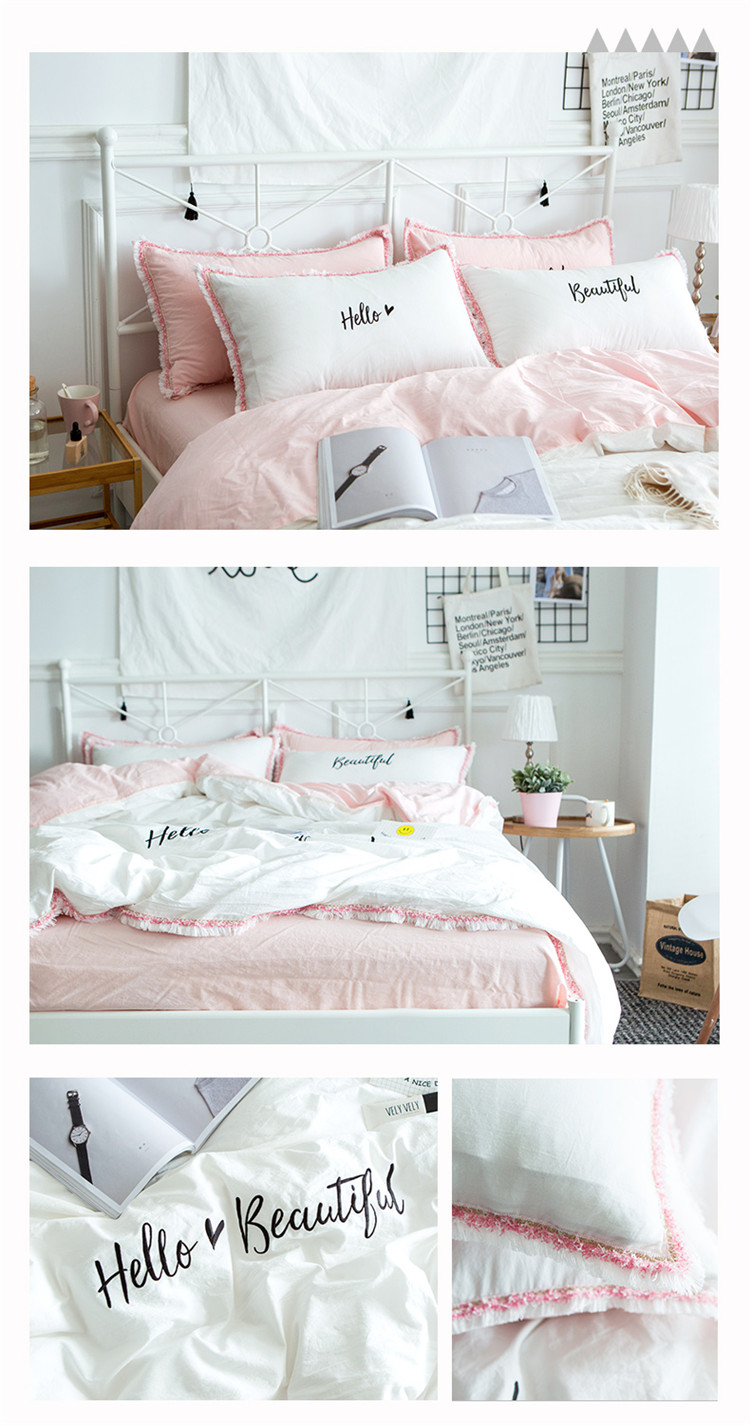 ins ròng trái tim màu đỏ cô gái bông rửa denim bông giường ký túc xá 4 ba mảnh khăn trải giường bông chăn - Bộ đồ giường bốn mảnh chăn ga gối đệm cưới