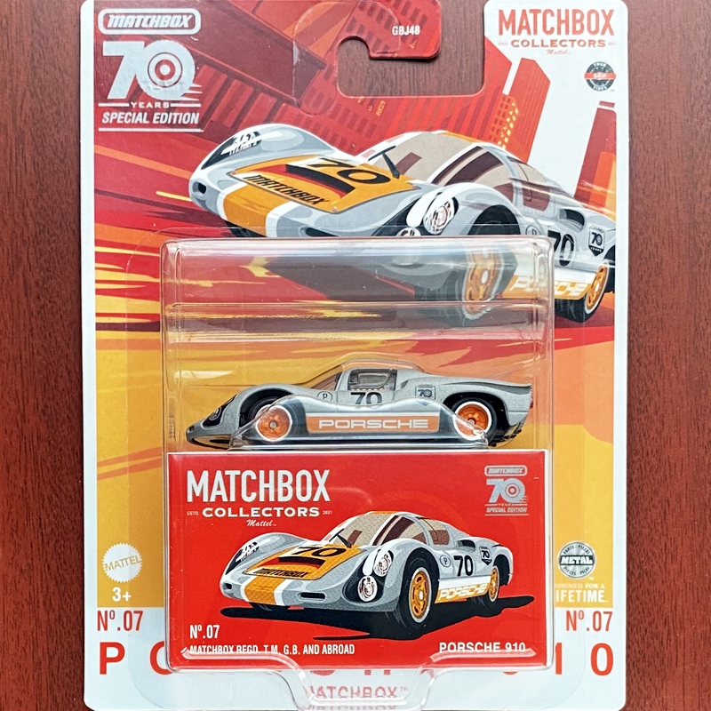 Matchbox Porsche 910 Alloy Sports Car Gbj48 Classic Collectible Series 70Th Anniversary Metal Base Rubber Tires