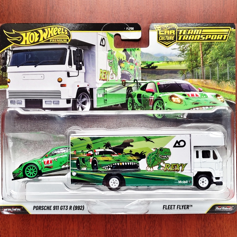 Hot Wheels Green Dinosaur Porsche 911 Gt3 R 992 Transport Fleet Alloy Sports Car with Metal Base and Rubber Tires