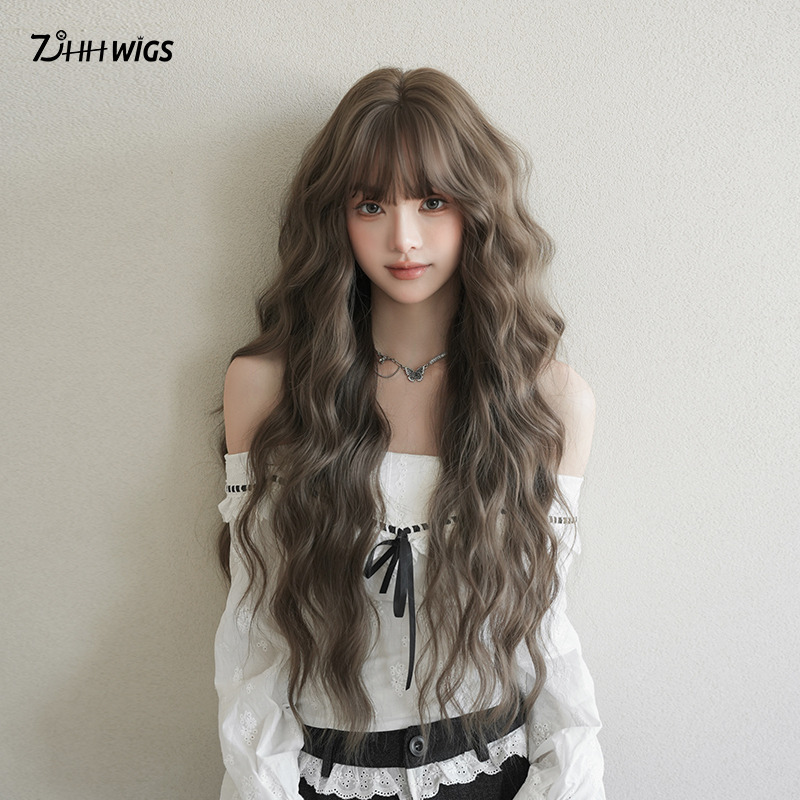 Wool Curly Wig Full Head Cover for Women, French Retro Long Curly Hair, Fluffy and Natural, Everyday Water Wave Cool Brown Wig