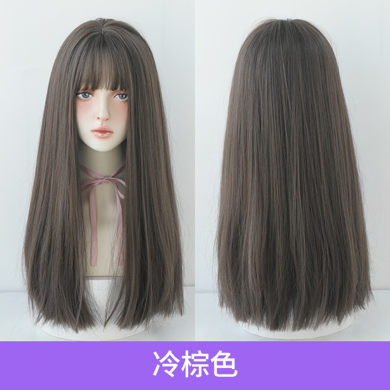 images 1:Wig female hair natural full head cover black long straight long straight hair natural air bangs headset Net red long hair