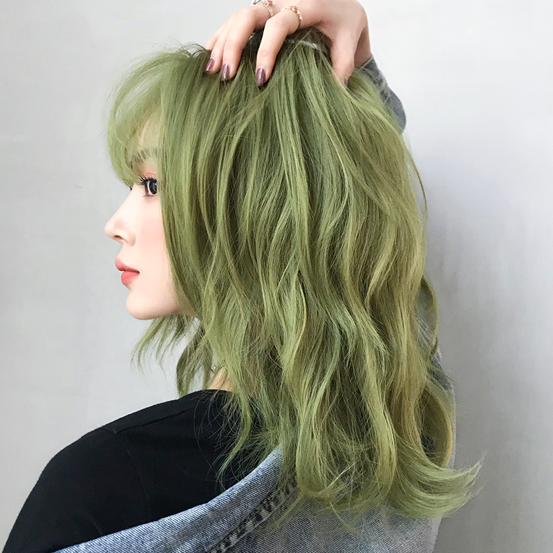 Wig for Women, Short Hair, Green, Natural, Full Head Wig, Collarbone-Length Hair, Bangs, Medium-Long Hair, Internet Celebrity, Round Face Wig Set