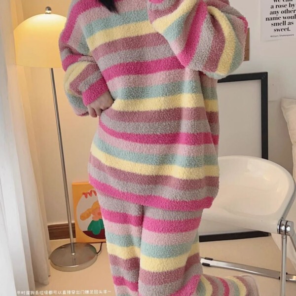 Dopamine Rainbow Striped Coral Fleece Pajamas for Women, New Winter Style, Thickened Flannel Loungewear Set
