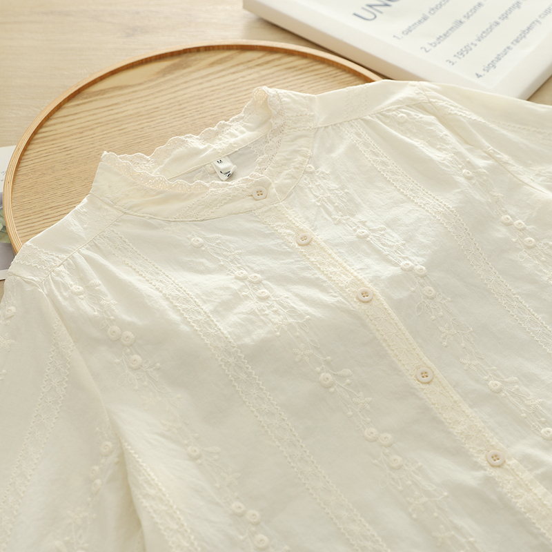 2025 Spring Artistic Fresh Lace Trim Stand Collar Heavy Embroidery All-Over Daisy Long-Sleeve Shirt for Women Students 2025 Spring Artistic Fresh Lace Trim Stand Collar Heavy Embroidery All-Over Daisy Long-Sleeve Shirt for Women Students