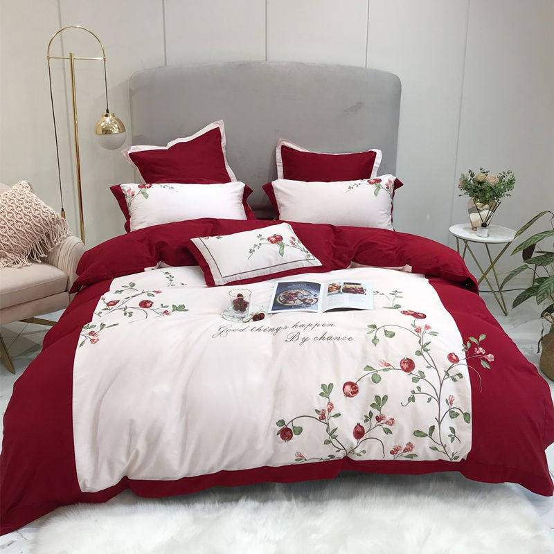American-style embroidery pomegranate flower 60 count long-staple cotton four-piece set cotton pure cotton idyllic red bedding home textile