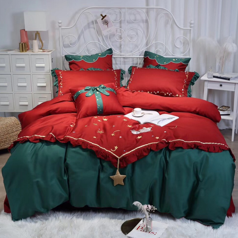 Fairy Christmas embroidered stars 60S cotton sateen four-piece set Princess style cotton quilt cover sheets bedding