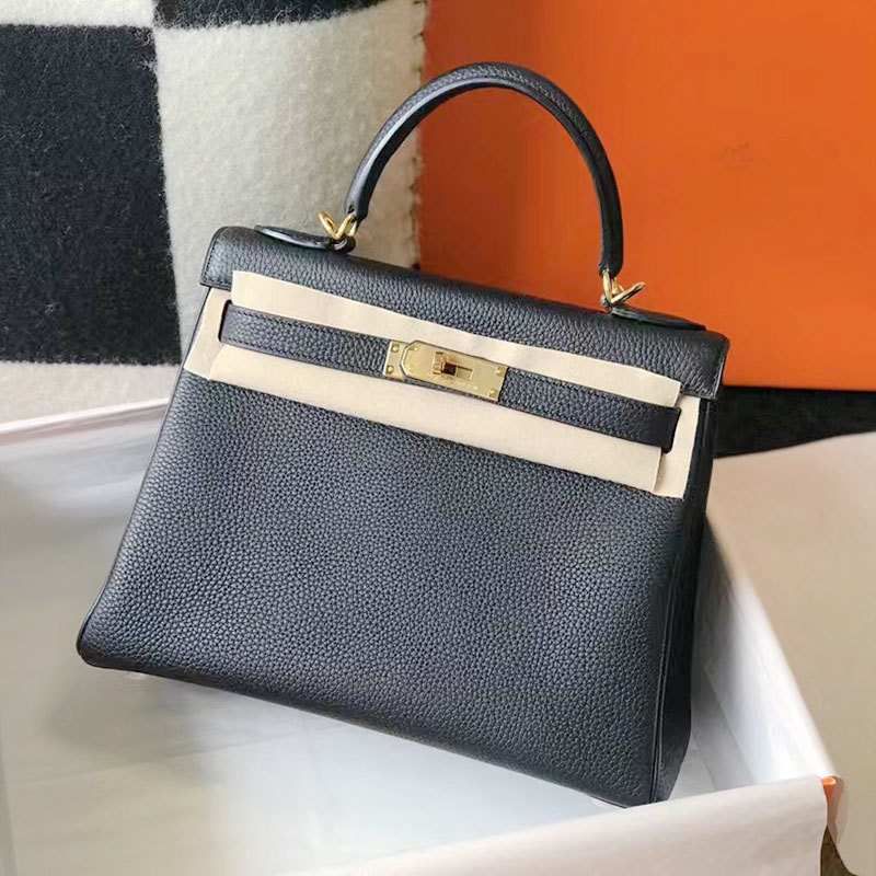 High-End Quality, Fully Handcrafted Wax Thread Interior Stitching Kelly Bag, Lychee Pattern Togo Leather, Hand-Held and Shoulder-Carrying Genuine Leather Women's Bag