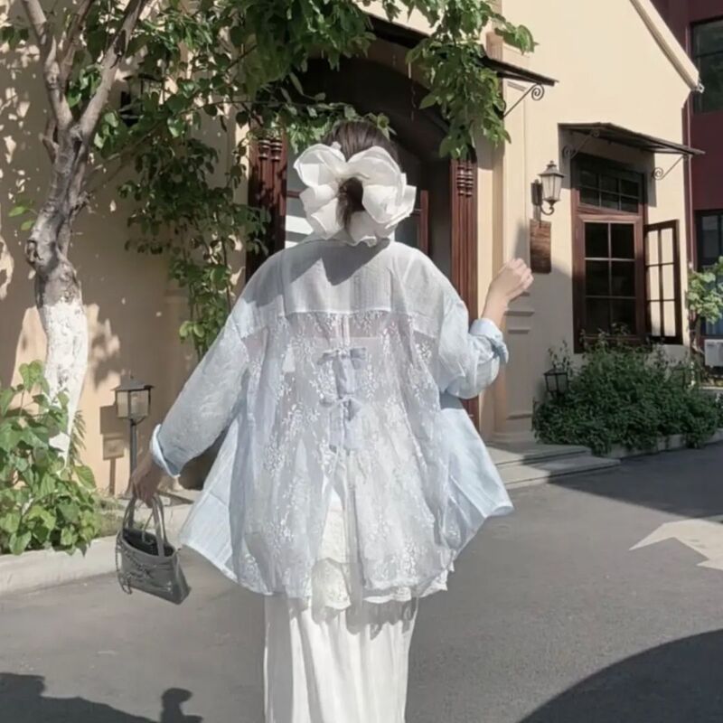White Shirt for Women, 2025 Summer New Popular Style, French-Style Top, Elegant Sun-Protective Lace Long-Sleeve Shirt