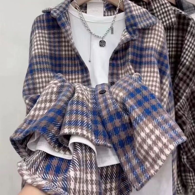 Brushed Thick Wool Plaid Shirt for Women, Loose Mid-Length Style, New Autumn and Winter Hong Kong Style Versatile Shirt Jacket Trendy