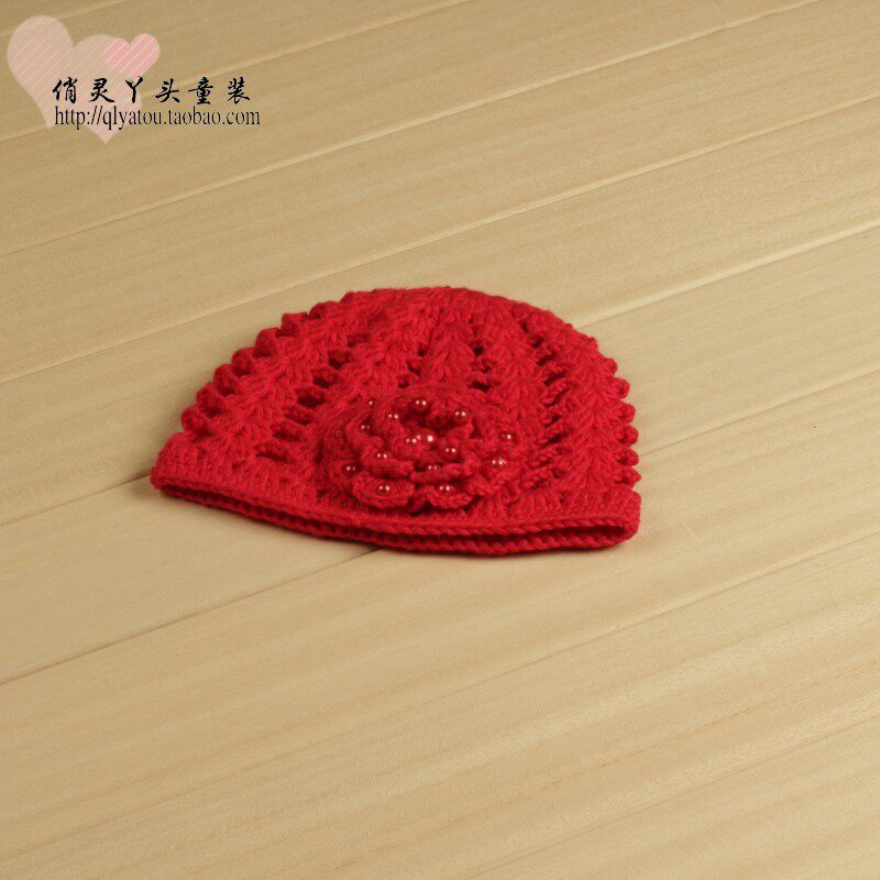 俏灵丫头 纯手工编织女童镂空钩花帽婴幼儿套头大红花朵毛线帽