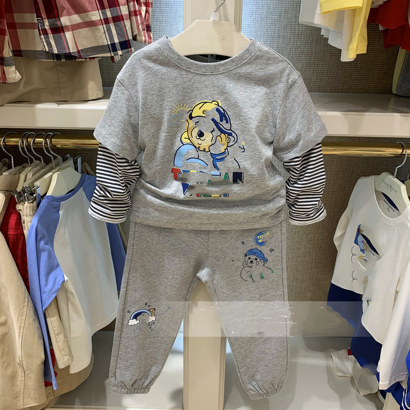 2021 - Fall 2021 new children's dress boy pure cotton gray cartoon long - sleeve T grey cartoon casual hair loop trousers