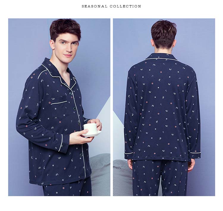 Fen Teng mới mùa xuân và mùa thu đồ ngủ nam cotton dài tay nam cardigan nhà dịch vụ mùa thu cotton kích thước lớn phù hợp với giới trẻ áo ngủ nam dài tay