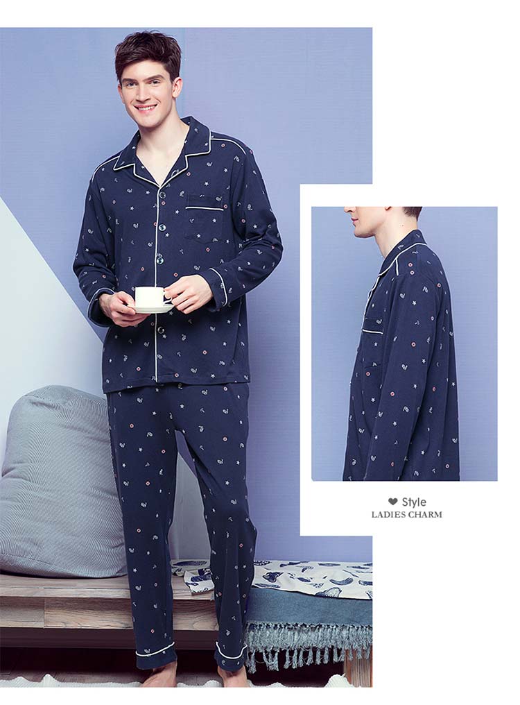 Fen Teng mới mùa xuân và mùa thu đồ ngủ nam cotton dài tay nam cardigan nhà dịch vụ mùa thu cotton kích thước lớn phù hợp với giới trẻ áo ngủ nam dài tay