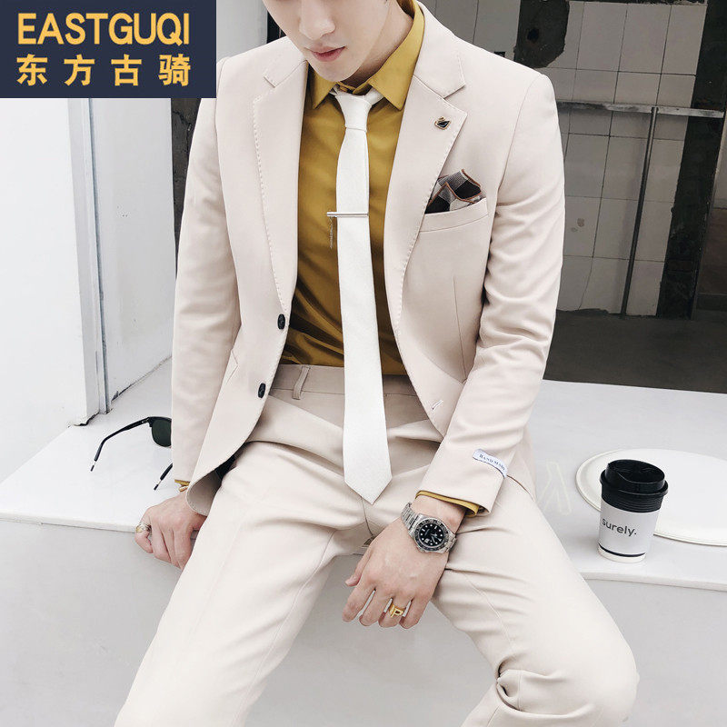 Spring rice white suit men's small suits men's handsome men's handsome men's two-style suit Korean version Yuppie trend wedding