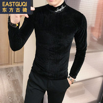 In autumn and winter male Korean version of small high collar slim fit base shirt social guy corduroy long sleeve T-shirt warm tide