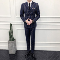 Autumn mens suit mens striped double-breasted suit suit suit slim Korean version of Night show small suit fashion stylist