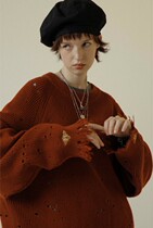 UNVESNO AW19 retro autumn solid color hole tassel casual lazy loose couple knit sweater sweater