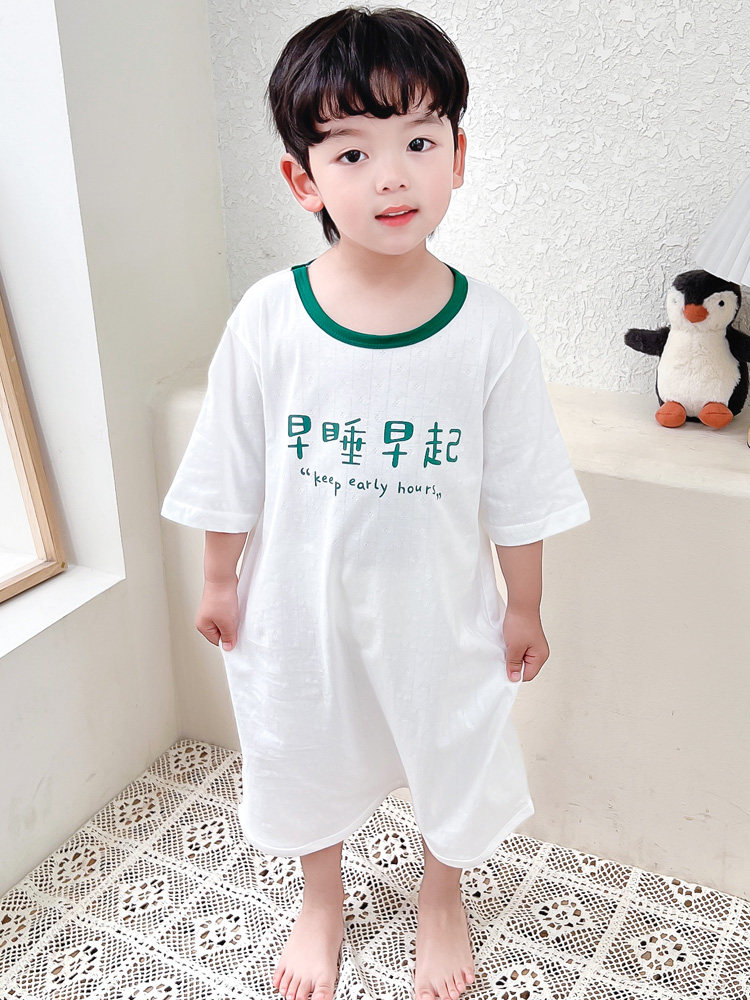 BABY SHORT-SLEEVED ONE-PIECE PAJAMAS THIN BOYS COTTON NIGHTGOWNS HOME CLOTHES GIRLS BELLY PROTECTION NIGHTDRESSES KICK-PROOF AIR-CONDITIONED CLOTHES