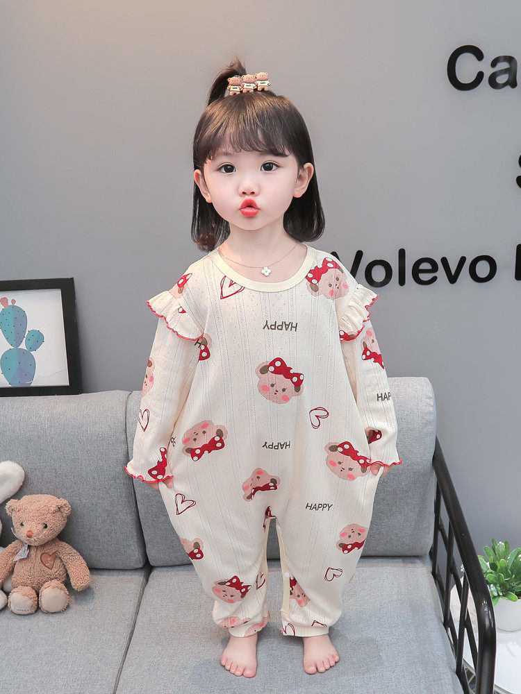 GIRLS ONE-PIECE PAJAMAS SUMMER THIN BABY SMALL BREATHABLE COTTON SLEEPING BAG CHILDRENS SUMMER LONG SLEEVE AIR-CONDITIONED LOUNGEWEAR