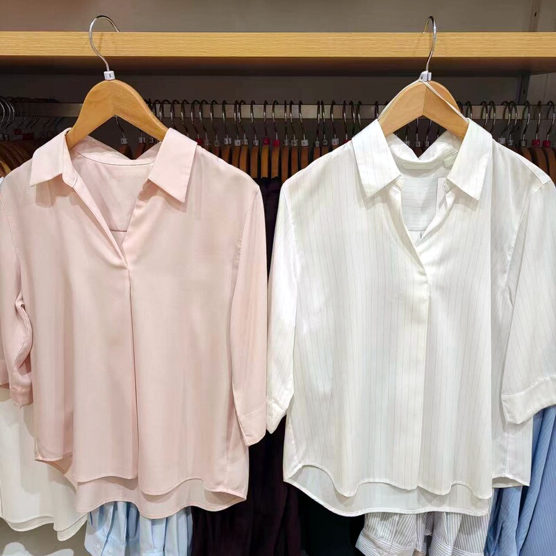 Fancy Half-Open Collar Shirt/Striped Women's Clothing with Three-Quarter Sleeves/Work Shirt E487528/482824/487527 Fancy Half-Open Collar Shirt/Striped Women's Clothing with Three-Quarter Sleeves/Work Shirt E487528/482824/487527