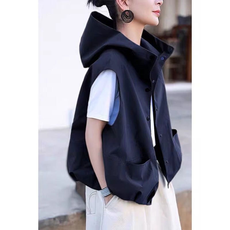 2026 Spring/Summer New Loose-Fit Hooded Vest with Pocket Design, Sleeveless Women's High-End Casual Vest Jacket