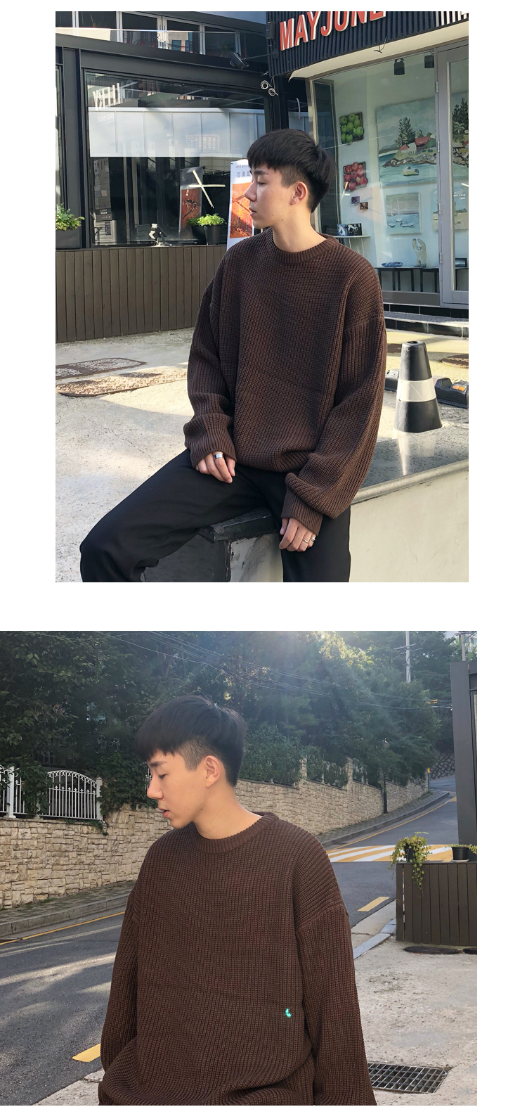 Ông Fang inch nam màu đỏ phiên bản Hàn Quốc của cổ tròn dày màu rắn lỏng áo len oversize nam mùa thu thủy triều áo cổ lọ