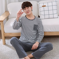 Bộ đồ ngủ nam size lớn cho mùa xuân và mùa thu cotton dài tay cộng với phân bón để tăng bộ đồ ngủ cho nam bộ pijama