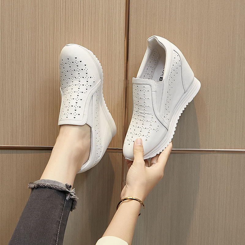 Aiqi Genuine Leather Hollow Breathable White Height-Increasing Women's Shoes 2026 Spring New Versatile Wedge Casual Travel Shoes Aiqi Genuine Leather Hollow Breathable White Height-Increasing Women's Shoes 2026 Spring New Versatile Wedge Casual Travel Shoes