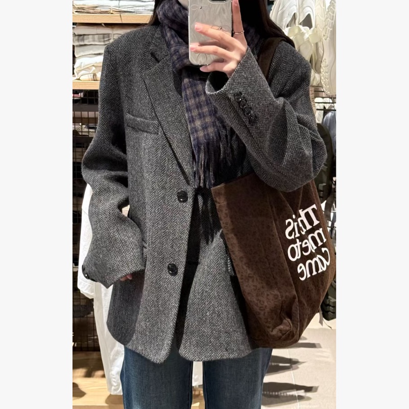 Woolen Blazer for Women 2026 Spring and Autumn Korean Style Retro Petite Gray Herringbone Woolen Coat