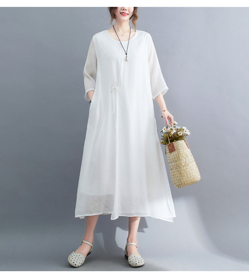 2022 Real-shot In-stock Vintage Artistic Elegant Cotton-linen Cool Round-neck Three-quarter Sleeve Zen-style Robe Dress_ecoleips.com