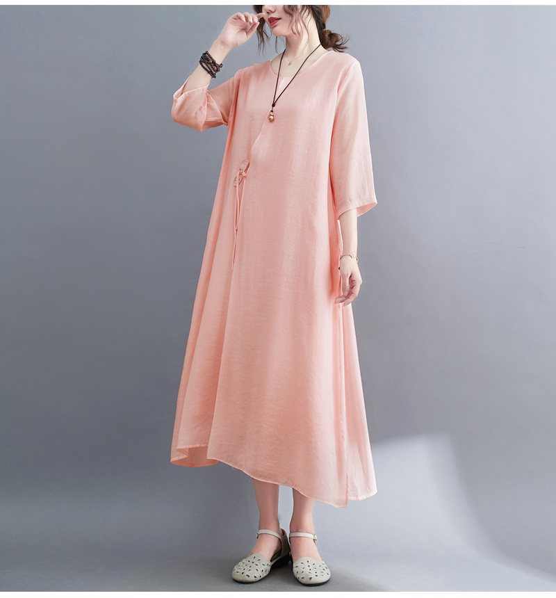 2022 Real-shot In-stock Vintage Artistic Elegant Cotton-linen Cool Round-neck Three-quarter Sleeve Zen-style Robe Dress_ecoleips.com