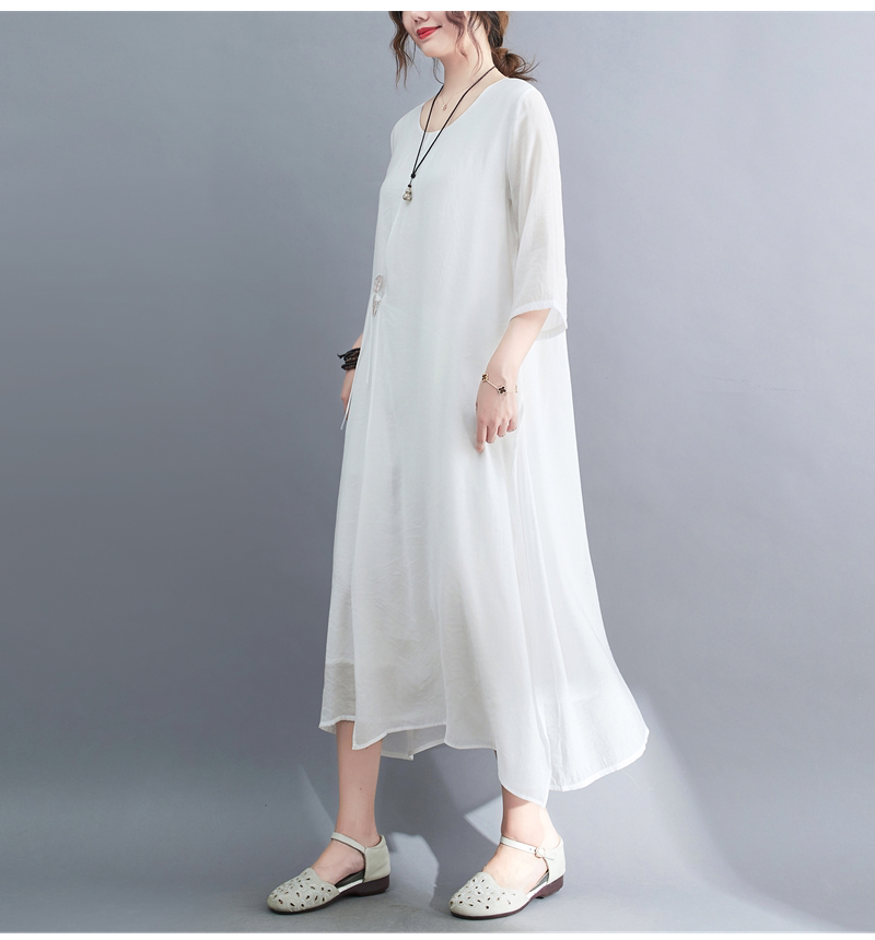 2022 Real-shot In-stock Vintage Artistic Elegant Cotton-linen Cool Round-neck Three-quarter Sleeve Zen-style Robe Dress_ecoleips.com