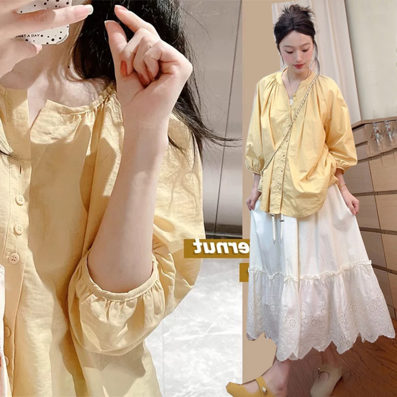 French Retro Maternity Suit, Summer Loose Top, Lace Maternity Skirt, High-End Shirt That Doesn'T Show Pregnancy