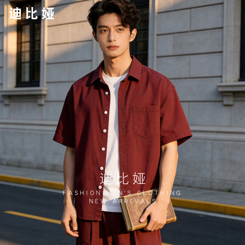 100% Pure Cotton Italian Elegant Old Money Style Short-Sleeved Shirt for Men, Casual Retro Red Shirt, Vacation Style Summer Y 100% Pure Cotton Italian Elegant Old Money Style Short-Sleeved Shirt for Men, Casual Retro Red Shirt, Vacation Style Summer Y