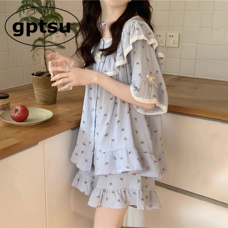Japanese Gp Floral Pure Cotton Nightgown Double Yarn Sweet Pajamas for Women Summer Short-Sleeved Thin Style Can Be Worn Outside Home Wear Set Japanese Gp Floral Pure Cotton Nightgown Double Yarn Sweet Pajamas for Women Summer Short-Sleeved Thin Style Can Be Worn Outside Home Wear Set