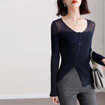 FENPERATE 2021 autumn new niche slim VAT navy blue vinaigrette vinaigrette base shirt