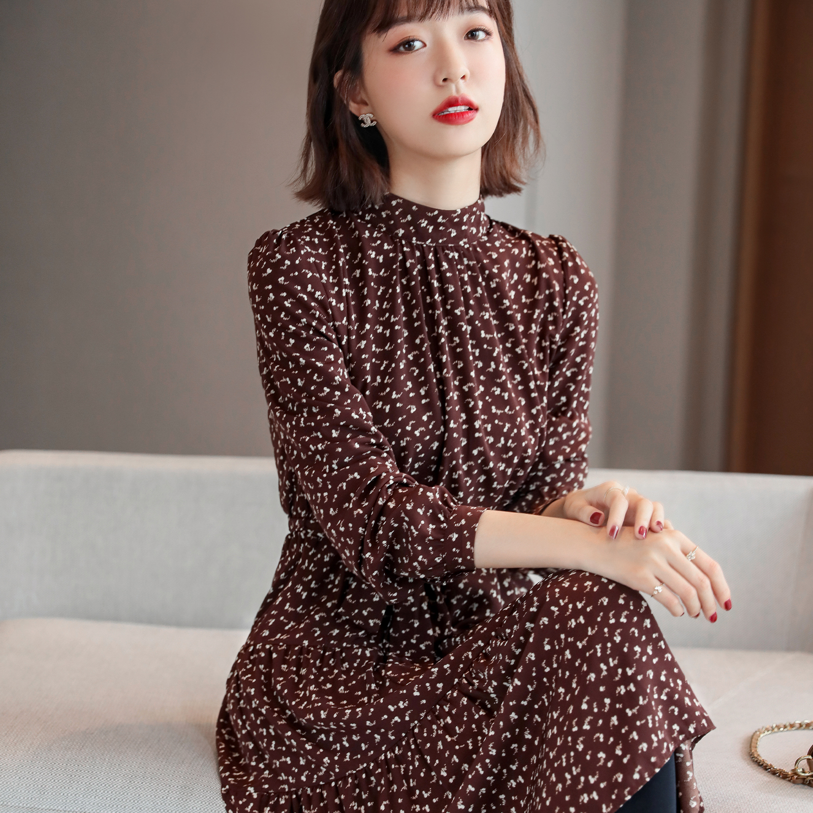 FENPERATE plus velvet chopped flowers early autumn winter new 2022 cashew slim medium long version Temperament Woman