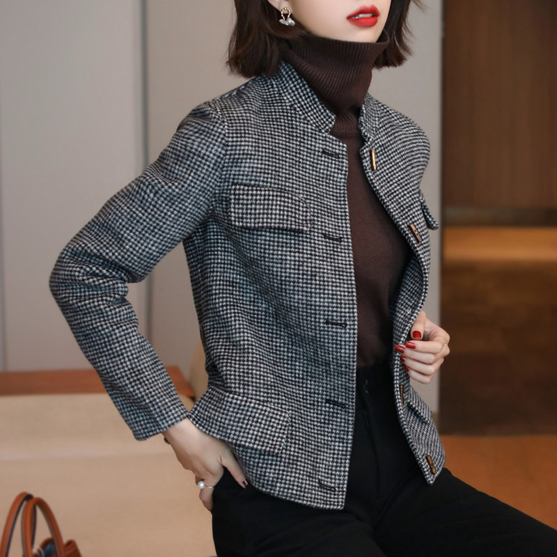 FENPERATE 2023 autumn and winter new light luxury retro fashion commuter double-sided cashmere houndstooth coat for women