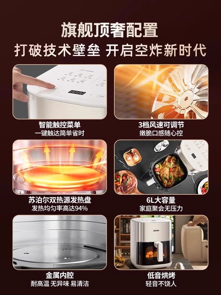 Supor Air Fryer for Home Use, New Model with Large Capacity, Visible Multi-Function Dual Heat Source Electric Fryer and Oven All-In-One Machine
