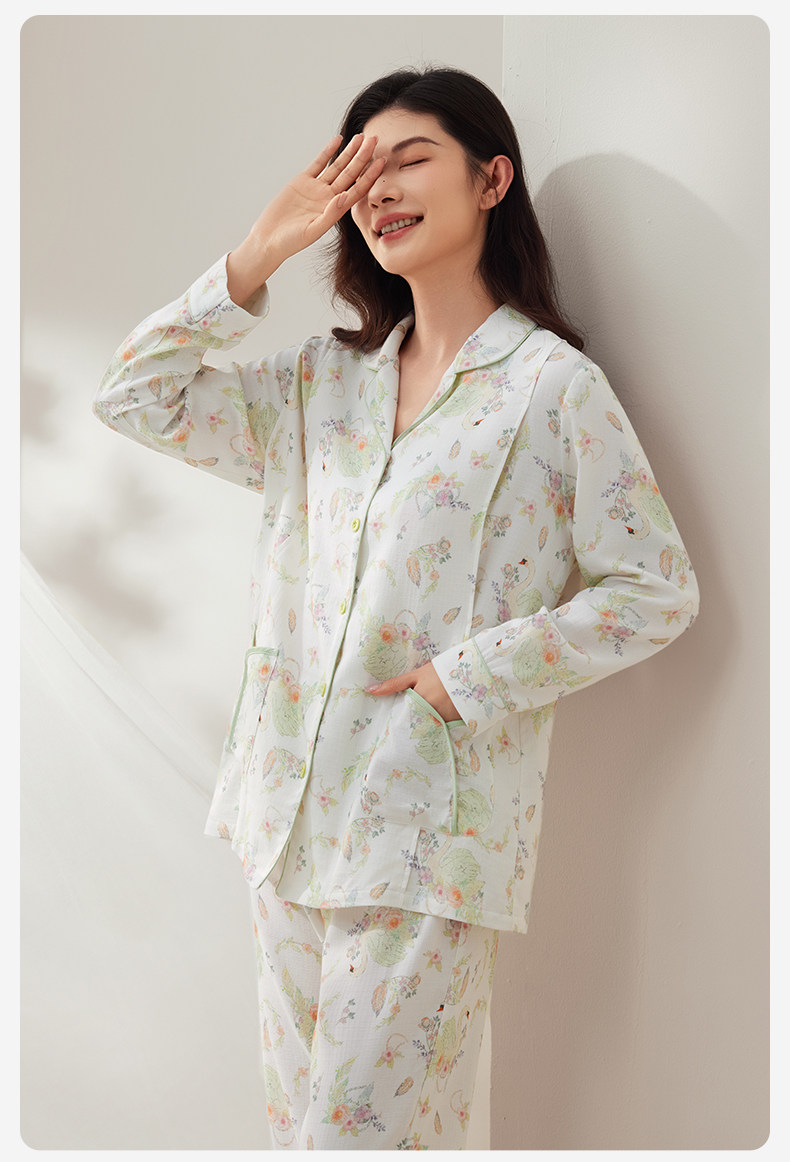 October Crystal Bamboo Cotton Cloud Gauze Maternity Pajamas Homewear Set for Pregnant and Postpartum Women, Nursing Sleepwear, Autumn Style for Women — 34